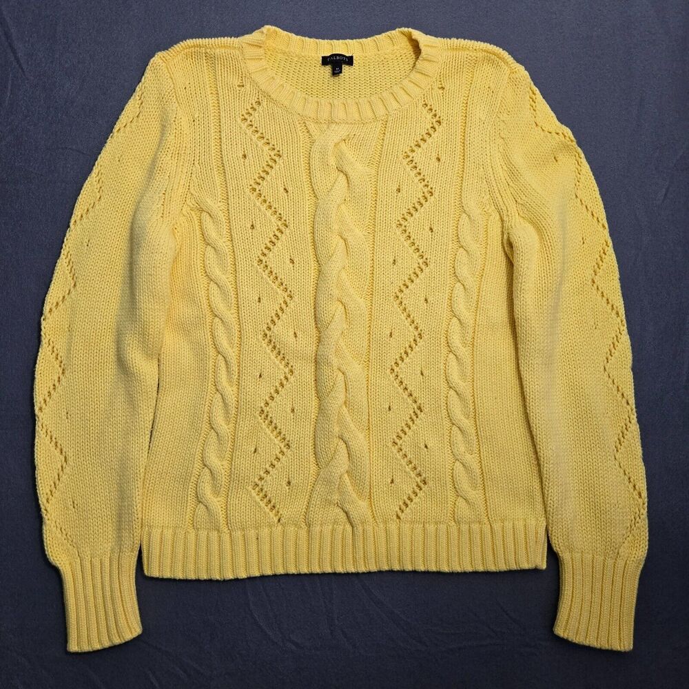 Talbots Sweater Women M Yellow Cable Knit Crew Neck Pull Over